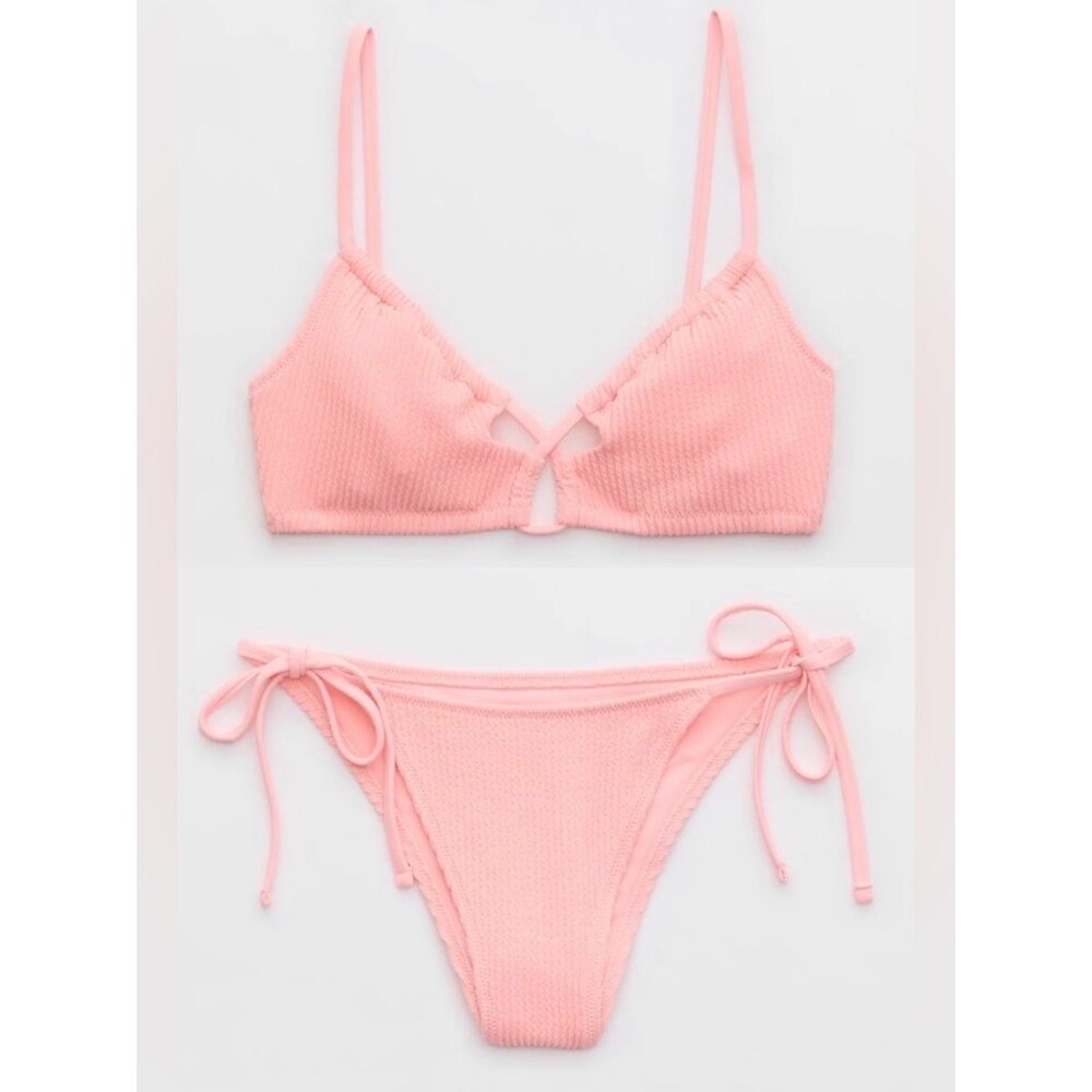 NWT Aerie FULL SET Crinkle Lace Up Top + Tie Bottom in Shell Pink - Size XS